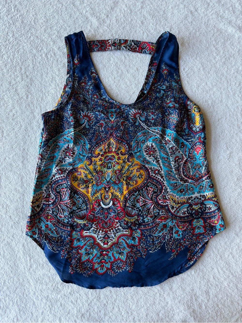 Women’s Navy Based Flowy Tank with Bright Multicolor Paisley Pattern